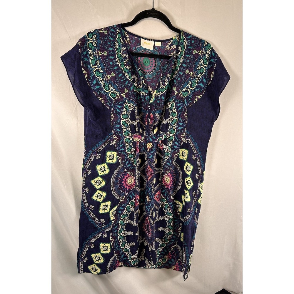 Maeve Anthropologie Womens Small Medallion Print Silk Shift‎ Dress Short Sleeve